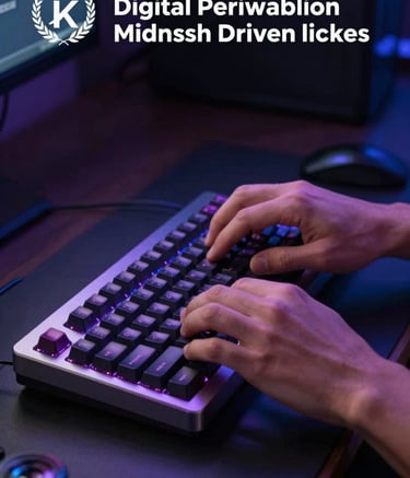 A close-up, cinematic photograph of a man's hands working on a high-end mechanical keyboard. The room is dimly lit with Digital Periwinkle and Midnight Blue ambient lighting hitting the aluminum chassis of the tech equipment.