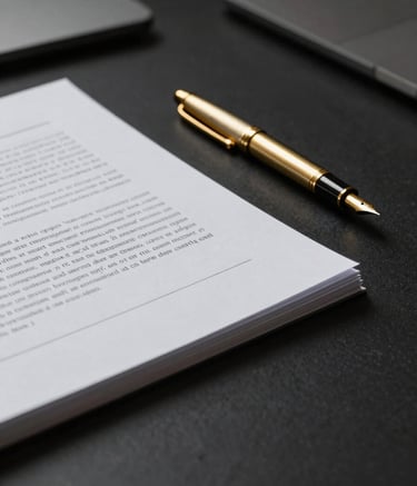 A minimalist, sharp-focus photograph of a clean, high-end desk surface featuring a single heavy-weight document and a muted gold fountain pen. The lighting is cold and professional with deep charcoal black shadows.