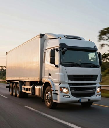 A high-quality professional photograph of a modern heavy-duty truck driving on a scenic Brazilian highway during the golden hour. The composition is dynamic, showing the truck in motion, representing speed and efficiency in logistics.