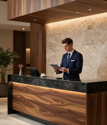 A high-end, professional photography of a modern luxury hotel lobby in Europe. A well-dressed staff member in a navy blue uniform stands behind a sleek reception desk, looking at a digital tablet. The lighting is soft and warm, highlighting textures of polished wood and stone. International / European & North American setting.