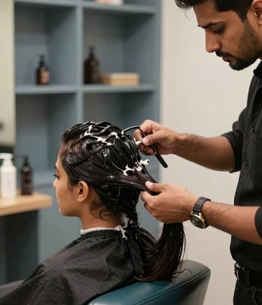A professional South Asian hairdresser in a modern studio. The stylist is expertly applying a luxurious hair treatment. Background features soft blue-gray shelving and polished dark teal furniture. Warm, flattering indoor photography with a focus on professional care.