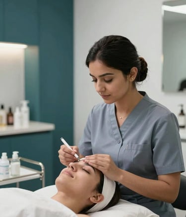 A high-end cosmetic clinic in a South Asian setting. A professional beautician in a soft blue-gray uniform performs a gentle facial treatment on a client. The room is decorated with dark teal accents and soft white walls. Serene lighting, minimalist luxury photography.