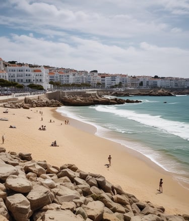 A serene beach scene at sunset in Portugal.