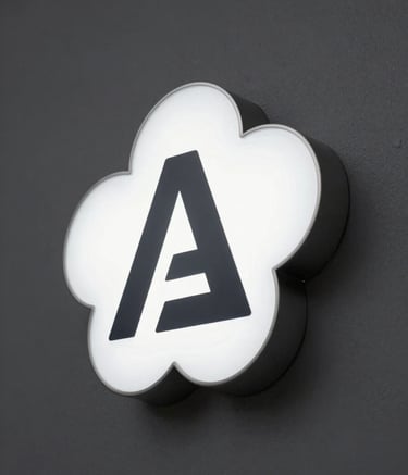 A close-up photograph of a high-quality illuminated shop sign being mounted on a Charcoal Gray wall. The lighting is crisp and modern, featuring Cloud White LED accents that highlight the precise manufacturing. Professional industrial aesthetic.