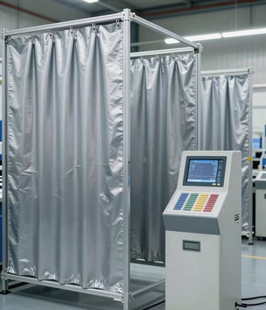 Interior shot of a clean, modern manufacturing facility where Silver Gray metallic curtains and order terminals are being assembled. The lighting is bright and industrial, emphasizing reliability and technical precision.