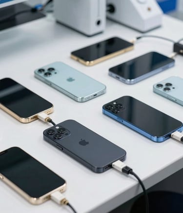 A close-up photograph of multiple high-end mobile smartphones neatly arranged on a clean white technical workbench, connected to testing cables in a professional Global laboratory setting. Bright, even lighting.