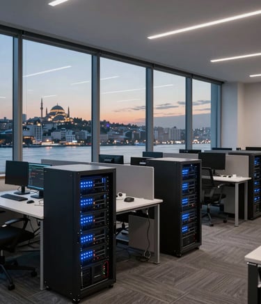 A wide shot of a modern IT office interior in Istanbul with large windows overlooking the city skyline at dusk. The room features glowing server towers and clean workstations, embodying a professional Global atmosphere.