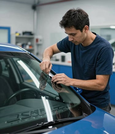 A professional auto glass technician in a clean North American service bay, carefully aligning a new windshield on a modern car. Professional atmosphere with soft lighting and royal blue accents in the shop.