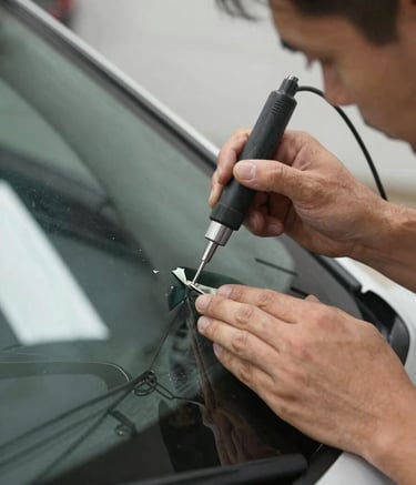 Detailed professional photography of a technician's hands using a precision resin tool to repair a small chip on a car windshield. North American garage setting, bright natural lighting, showcasing expert care and attention to detail.