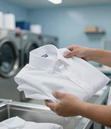 Professional photography of a specialist in a South American laundry facility neatly folding a crisp white cotton shirt. The background features Muted Blue walls and soft, modern lighting, emphasizing efficiency and care.