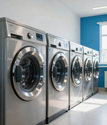 Photography of a row of modern, high-efficiency stainless steel washing machines in a bright, clean Brazilian laundry studio. The environment is minimalist with Alice Blue accents and plenty of natural daylight.