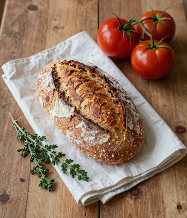 A top-down photography shot of a rustic wooden table in a North American / Western European farmhouse kitchen. On the table is freshly baked bread, Deep Ripe Crimson heirloom tomatoes, and sprigs of Matte Forest Green herbs on a Crisp Parchment napkin. Soft Scandinavian lighting.