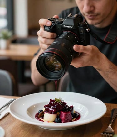 A professional photographer in a cozy North American / Western European bistro, using a high-end camera to capture a close-up of a beautifully plated dish with Deep Ripe Crimson ingredients. The lighting is soft and natural, emphasizing the sophisticated yet down-to-earth atmosphere.