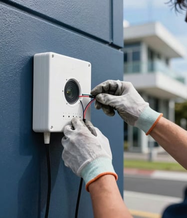 A detailed action shot of a professional technician's hands wearing work gloves, expertly wiring a modern white security system on a dark blue exterior wall, bright Oceanian sunshine, shallow depth of field, modern Auckland architecture.