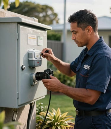 Photography of a professional Oceanian / New Zealander electrical technician in a navy blue uniform, working on a residential outdoor meter box in a Weymouth, Auckland garden, morning light, high-end DSLR style.