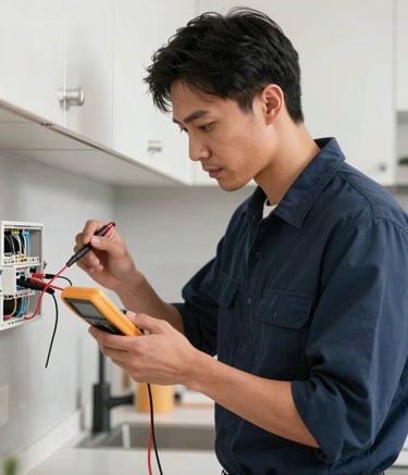 A professional electrician in a clean uniform using a digital multimeter to test a circuit in a bright North American / US kitchen, modern professional lighting, featuring a soft cloud gray and dark navy blue color palette.