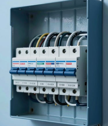 Close-up of a modern electrical breaker panel with neatly organized wiring in a North American / US residential setting, crisp and professional photography with sky blue and deep midnight blue tones.