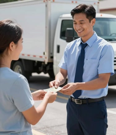 A professional and friendly car buyer in a clean uniform handing cash to a satisfied Orlando resident in front of an older vehicle. The scene is bright and sunny, reflecting Orlando's climate, with a modern flatbed truck visible in the background. The color palette features subtle blue tones #375A77 to match the brand identity.