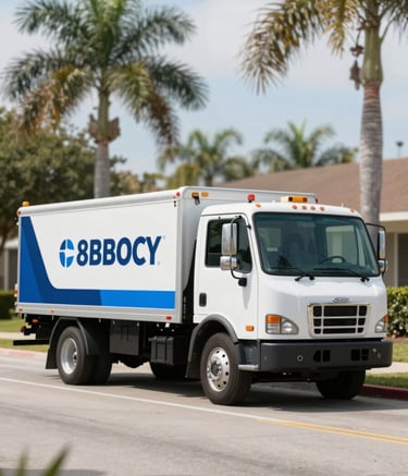 A clean, modern flatbed tow truck branded with professional aesthetics, parked on a residential street in Orlando, FL. The lighting is crisp, daylight, with palm trees visible in the soft-focus background. The truck features high-contrast blue accents #0C1D2A and #8BB0C9.