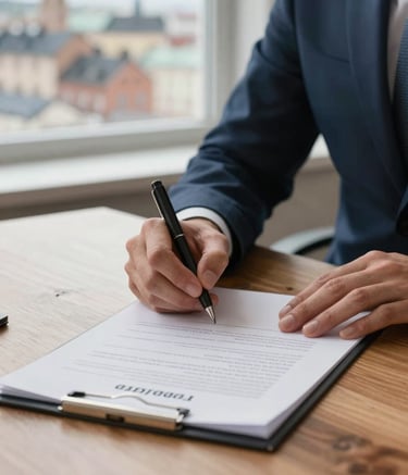 A close-up photograph of a professional real estate agreement being signed on a sleek wooden table, natural light from a window showing a Northern European city background, soft medium blue and off-white tones.