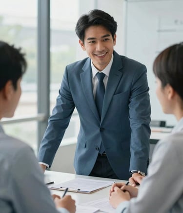 A professional insurance consultant in a Southeast Asian / Thai corporate setting talking warmly to a client, bright and airy office, sophisticated atmosphere, palette including Slate Blue and Mist White.