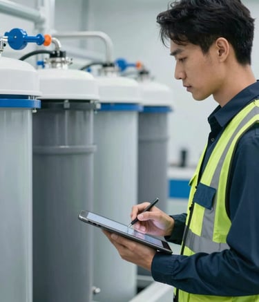 A close-up of a professional environmental consultant wearing a safety vest and carrying a tablet, inspecting a modern water filtration system in an industrial setting. Sharp focus, clean professional lighting, incorporating the colors #1A2D2A and #A8C6B1 to reflect expertise and reliability.