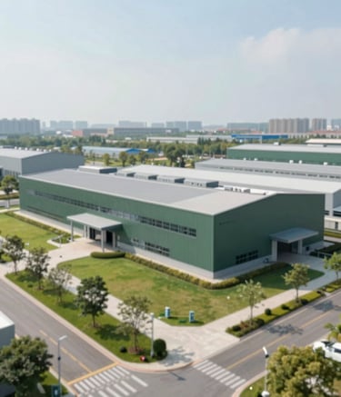 Wide shot of a modern, clean industrial facility integrated with a green area, bright daylight, professional atmosphere. The architecture is sleek and sustainable, with tones of #3C6B5E and #F7F9F6 subtly integrated into the design.