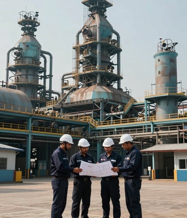 A wide-angle photography shot of a massive industrial steel plant in a South Asian / Indian industrial hub. Professional engineers in Dark Midnight Navy uniforms are discussing technical plans. The scene is illuminated by natural bright daylight, emphasizing Muted Ocean Teal and Deep Slate Blue colors.