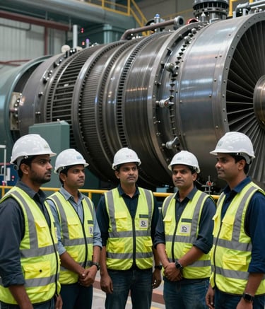A group of skilled technical professionals in a South Asian / Indian power plant setting, wearing high-visibility vests and safety helmets. They are standing before a massive industrial turbine, looking authoritative and reliable. The lighting is sharp and professional, with a palette featuring Dark Midnight Navy and Deep Slate Blue tones.