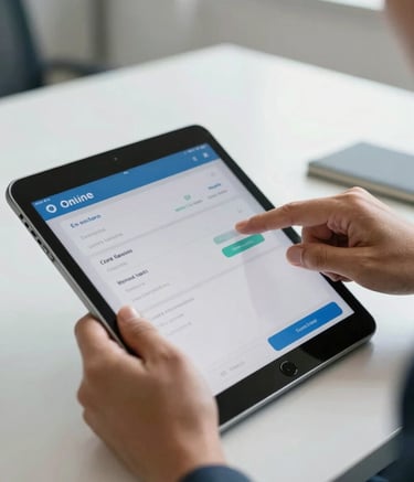 A close-up of a Hispanic professional using a sleek tablet to process an online payment, showing a secure interface with blue accents, in a bright and modern office setting.