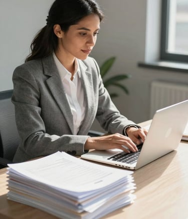 A Hispanic professional woman in a grey suit working on a laptop in a sunlit office, with stacks of legal files organized neatly on her desk, emphasizing efficiency.
