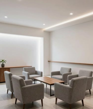 A wide shot of a professional legal consultation room in a Spanish-speaking city, featuring clean architectural lines, soft grey furniture, and a bright, trustworthy atmosphere.