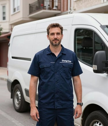 A professional technician in a clean navy blue uniform standing proudly next to a white service van. The background shows a residential street in Istanbul Anatolian Side during the day. The scene is bright and instills confidence.