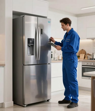 Wide shot of a skilled technician in a blue corporate uniform inspecting the back of a high-end refrigerator in a bright, contemporary Istanbul apartment kitchen.