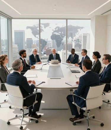 A wide-angle professional photograph of a diverse group of executives in formal attire gathered in a minimalist, sunlit boardroom overlooking a global city, with a palette of off-white and deep blue accents.