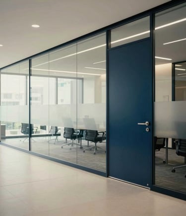A clean, eye-level photograph of a modern office interior with glass partitions, reflecting a sophisticated and professional atmosphere with a color scheme of off-white and dark blue.