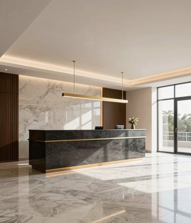 A wide-angle professional photograph of a prestigious law office lobby in Lagos, Nigeria. The interior features polished marble floors, a minimalist dark charcoal reception desk, and accents of light gold in the lighting fixtures. The atmosphere is bright with natural sunlight reflecting a sophisticated West African corporate environment.