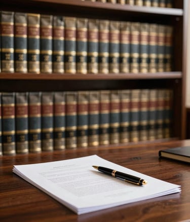 A sharp-focus photograph of a formal legal library in a West African setting. Rows of leather-bound law books in dark charcoal and light gold trim line the shelves. A heavy mahogany desk in the foreground holds a stark white legal document and an elegant pen, lit by soft, warm professional lighting.