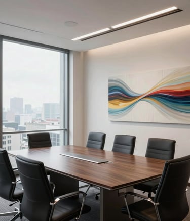 A sleek office boardroom featuring a large Toronto cityscape acrylic print on the main wall.