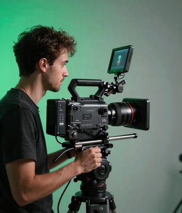 A professional videographer in a sleek studio setting, using a high-end cinema camera to film a testimonial. The lighting is sophisticated with vibrant emerald green and soft cloud grey backlighting, creating a results-driven, cinematic atmosphere.