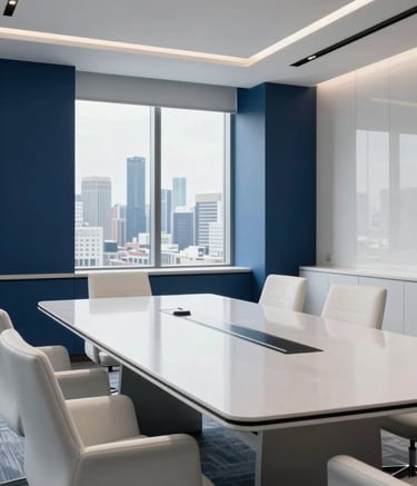 A high-end, modern corporate boardroom with a large polished table. In the background, a large window overlooks a city skyline. The room is decorated with deep navy blue accents and features crisp white minimalist furniture under bright, natural daylight.