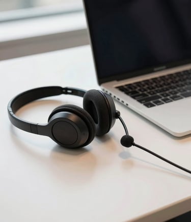 Close-up photography of a professional workstation in a South American corporate setting. A high-quality headset rests on a sleek Off-white desk next to a modern laptop. Soft natural light coming through a window, professional and clean aesthetic.