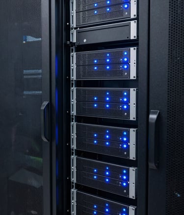 A professional IT server room in Brazil with glowing Sky Blue LED indicator lights on modern equipment racks. The composition is sleek and technical, reflecting high-end tele-attendance infrastructure. Professional photography, sharp focus.