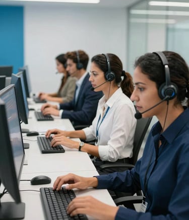 A high-tech, modern call center in a Brazilian office building. Diverse South American professionals wearing headsets are focused on their screens. The lighting is clean and bright with hints of Sky Blue and Navy Blue in the decor. Professional atmosphere.