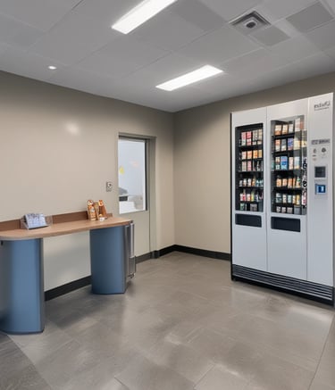 Children happily choosing snacks from a colorful vending machine at a community center.