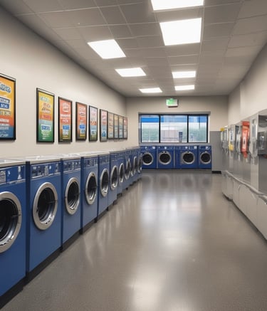 A vending machine stocked with drinks and snacks inside a busy laundromat.