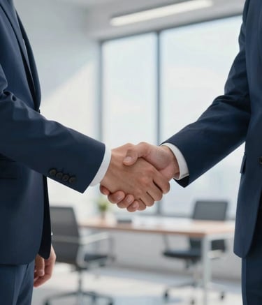 A close-up of two business professionals shaking hands in a bright, modern office. The image conveys reliability and professionalism. The color palette features deep blues (#1A202C) and soft grays (#A0AEC0), with natural sunlight coming through large windows.