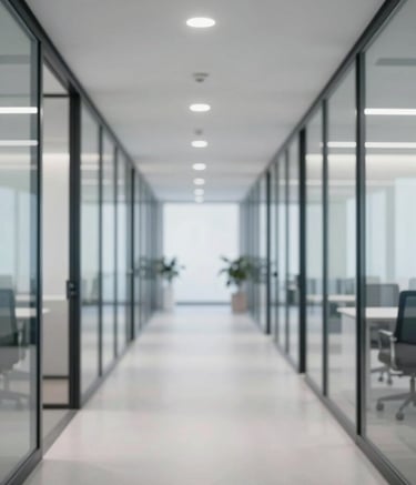 A wide shot of a clean, minimalist modern office corridor with glass walls and professional decor. The lighting is bright and even. The style is professional and efficient, incorporating brand colors like #F7FAFC and #4A5568.