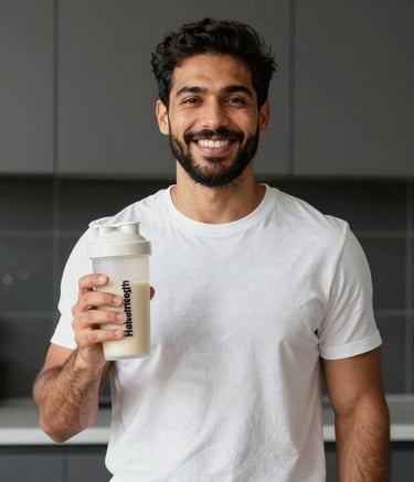 Fitness influencer preparing a healthy halal protein snack in a clean kitchen.