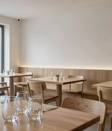 A wide shot of a modern Scandinavian-style restaurant in a Portuguese urban setting. The interior features clean minimalist lines, light wood furniture, and crisp parchment walls. In the foreground, dry glassware is perfectly arranged, reflecting a serene and moisture-free environment.